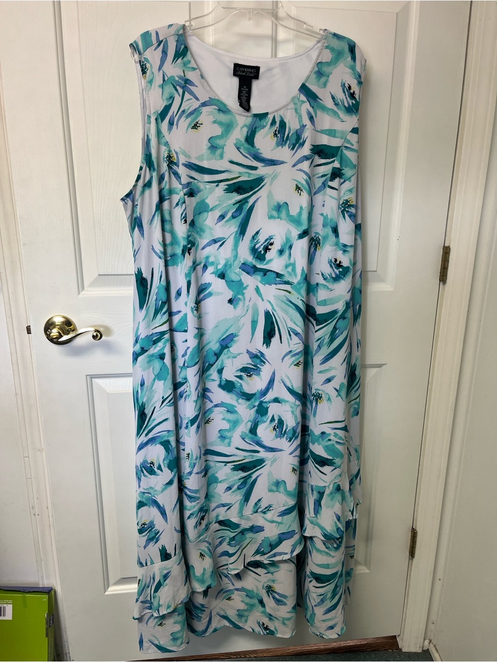 Catherines Teal and White Floral Sleeveless Shift Dress Ruffled towards hem.